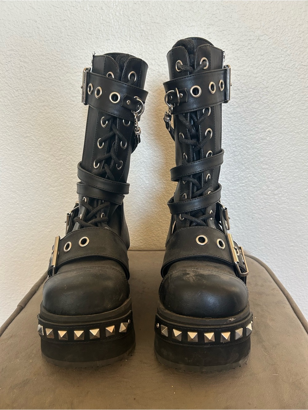 Demonia Black Studded Platform Lace-Up Buckle Combat Boots